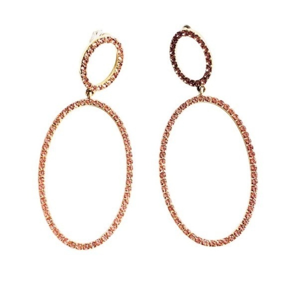 J.Crew Pink‎ Pave Crystal Double Oval Drop Earrings Gold Tone Statement Jewelry